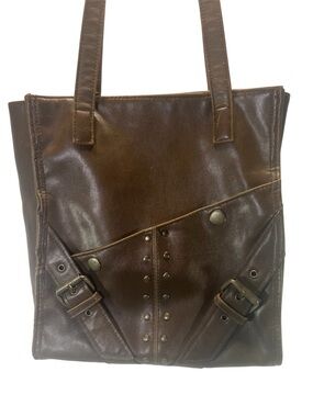 Y2K Maurices Brown Studded Faux Leather Tote/Shoulder Bag with Buckle Accents